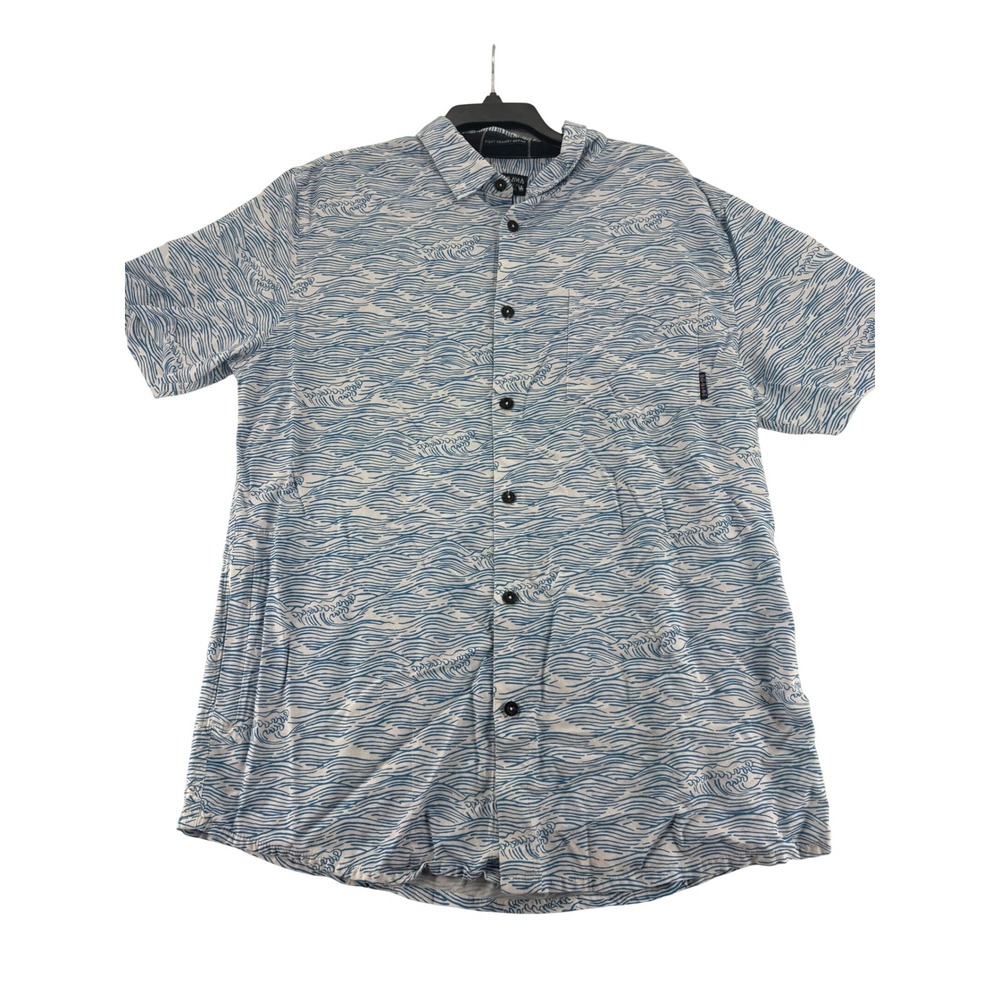 Baja Llama Button Down Shirt XL Blue White Wave Print Short Sleeve Viscose Blend